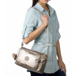 Kipling Reth GM Crossbody Bag Toasty Gold Nylon Adjustable Strap Monkey Keychain